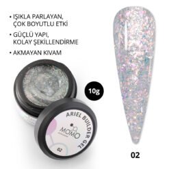 Ariel Builder Gel, Nail Art için Protez Tırnak Jeli No.02, Şeffaf Holografik Pembe Yeşil Simli, 10 gr