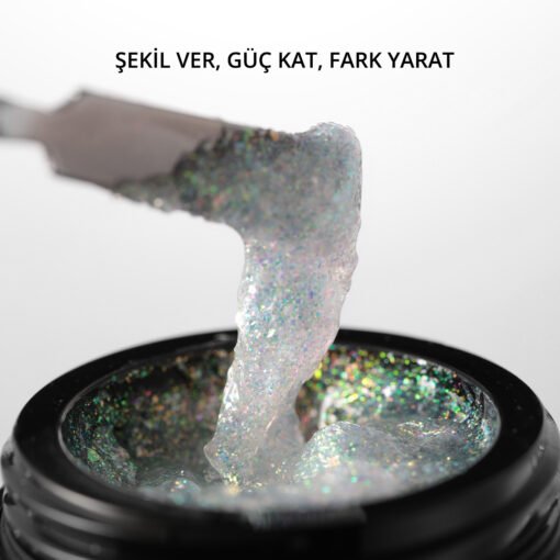 Ariel Builder Gel, Nail Art için Protez Tırnak Jeli No.02, Şeffaf Holografik Pembe Yeşil Simli, 10 gr - Görsel 4