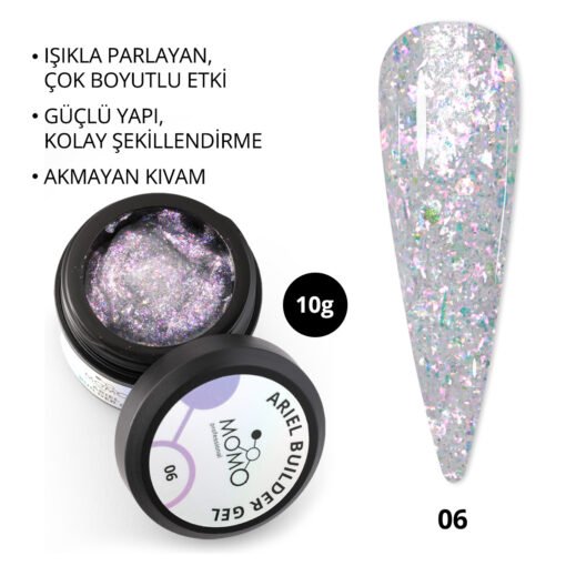 Ariel Builder Gel, Nail Art için Protez Tırnak Jeli No.06, Şeffaf Holografik Pembe Lila Simli, 10 gr