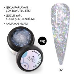 Ariel Builder Gel, Nail Art için Protez Tırnak Jeli No.07, Şeffaf Holografik Mavi Mor Simli, 10 gr