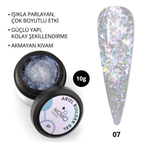 Ariel Builder Gel, Nail Art için Protez Tırnak Jeli No.07, Şeffaf Holografik Mavi Mor Simli, 10 gr