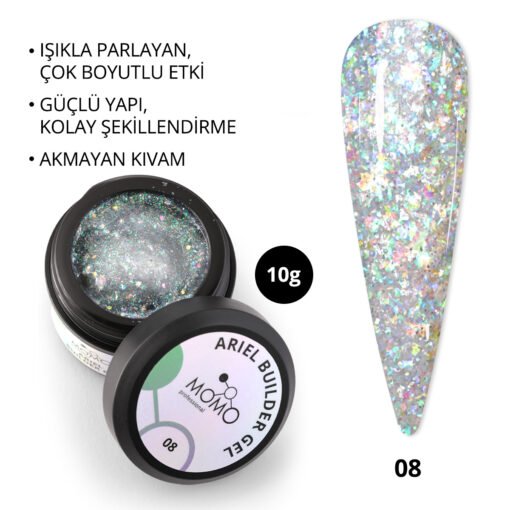 Ariel Builder Gel, Nail Art için Protez Tırnak Jeli No.08, Şeffaf Holografik Yeşil Lila Simli, 10 gr