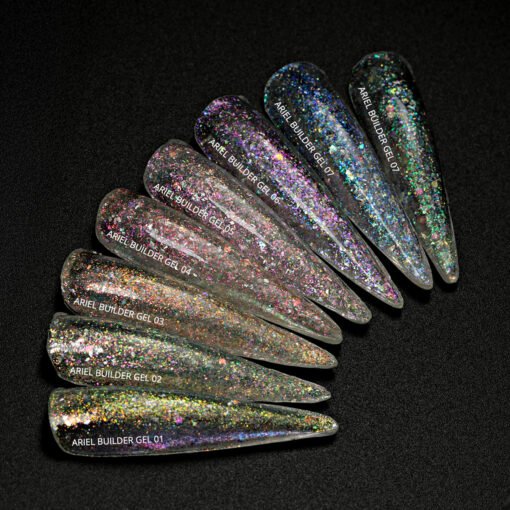 Ariel Builder Gel, Nail Art için Protez Tırnak Jeli No.02, Şeffaf Holografik Pembe Yeşil Simli, 10 gr - Görsel 7