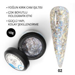 Holographic Builder Gel, Nail Art için Protez Tırnak Jeli No.02, Glitter Mavi Simli, 10 gr