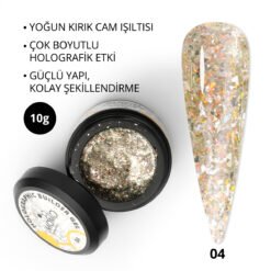 Holographic Builder Gel, Nail Art için Protez Tırnak Jeli No.04, Glitter Sarı Simli, 10 gr
