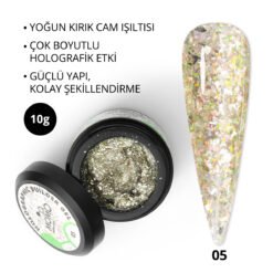 Holographic Builder Gel, Nail Art için Protez Tırnak Jeli No.05, Glitter Yeşil Simli, 10 gr